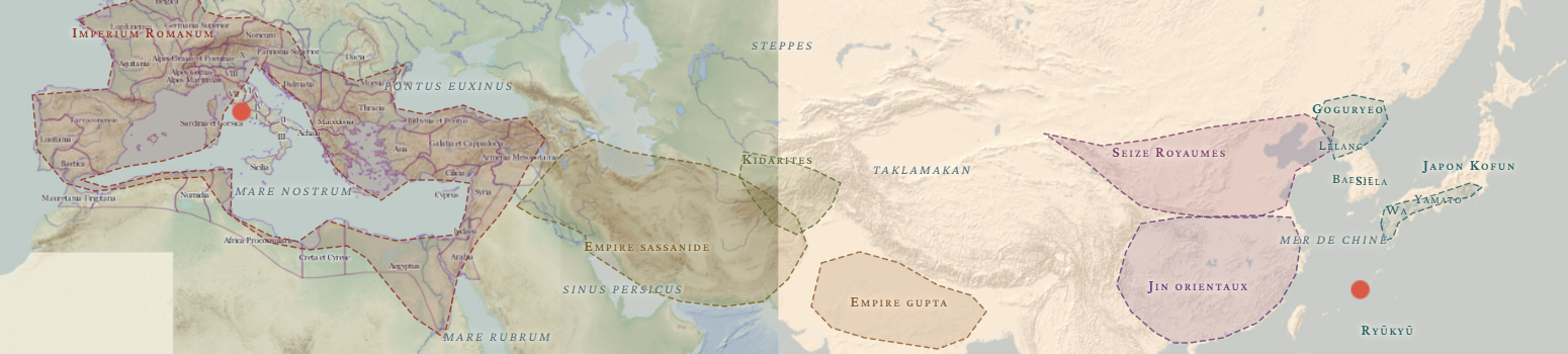 Carte de l'Eurasie au IVe siècle : Empire romain, Perse sassanide, Kidarites, Empire gupta, Chine divisée entre les Seize Royaumes et les Jin orientaux, royaumes coréens et Japon de la période Kofun